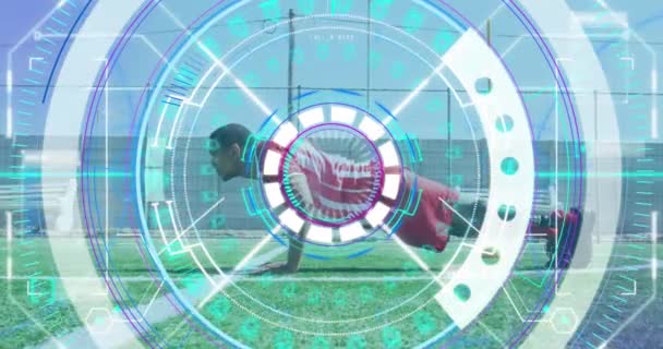 Animation Scope Scanning Male Football Player Prosthetic Limb Doing Push — Stock Video