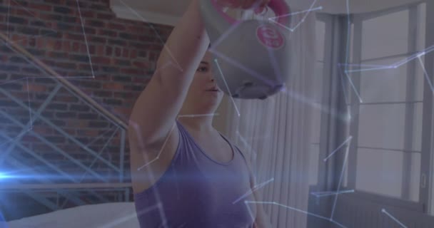Animação Rede Conexões Sobre Mulher Levantando Bares Chaleira Casa Conceito — Vídeo de Stock