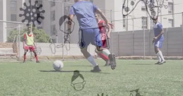 Animação Ícones Vívidos Sobre Duas Equipes Jogadores Futebol Masculino Durante — Vídeo de Stock