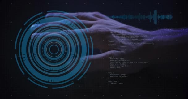 Rundskanner Och Databehandling Mot Mänsklig Handskanning Över Biometrisk Skanner Datorgränssnitt — Stockvideo
