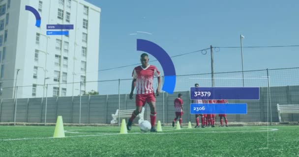 Procesamiento Estadístico Datos Contra Entrenamiento Jugadores Fútbol Masculino Campos Hierba — Vídeo de stock