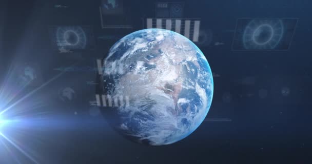 青い背景に世界中のデータ処理と統計のアニメーション 世界規模の技術 ネットワーキング デジタルインターフェースの概念デジタル生成ビデオ — ストック動画