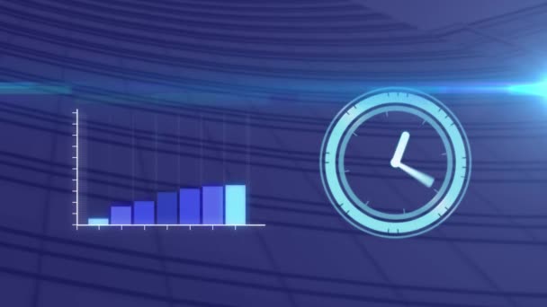 Relógio Digital Processamento Dados Estatísticos Contra Edifícios Altos Segundo Plano — Vídeo de Stock