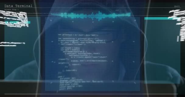 Text Över Skärmen Med Databehandling Mot Manliga Hackare Med Hjälp — Stockvideo