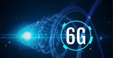 Siyah arkaplandaki mavi ışık izlerini taramak için 6G metin kompozisyonu. küresel ağlar, teknoloji ve dijital arayüz kavramı dijital olarak oluşturulmuş görüntü.