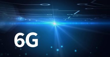 Parlayan ışık ve devre kartının üzerinde 6G metin kompozisyonu mavi arka planda. küresel ağlar, teknoloji ve dijital arayüz kavramı dijital olarak oluşturulmuş görüntü.