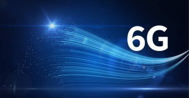 Mavi arkaplanda parlayan mavi ışık izlerinin üzerinde 6G metin kompozisyonu. küresel ağlar, teknoloji ve dijital arayüz kavramı dijital olarak oluşturulmuş görüntü.