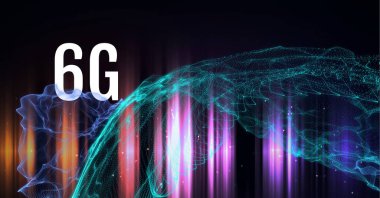 6G metnin kompozisyonu yeşil ağ üzerinde ve çok renkli siyah ışık yolları üzerinde. küresel ağlar, teknoloji ve dijital arayüz kavramı dijital olarak oluşturulmuş görüntü.