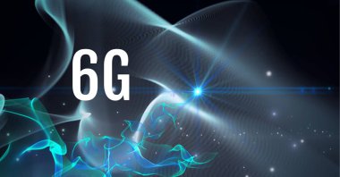 Siyah zemin üzerinde mavi ve yeşil ışık yollarının oluşturduğu ağ üzerinden 6G metnin bileşimi. küresel ağlar, teknoloji ve dijital arayüz kavramı dijital olarak oluşturulmuş görüntü.