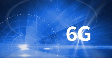 6G metin kompozisyonu kapsam üzerinde ve mavi arkaplanda ikili kodlama. küresel ağlar, teknoloji ve dijital arayüz kavramı dijital olarak oluşturulmuş görüntü.