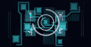 Siyah arka plandaki bağlantı ağında egzersiz yapan insanları tarayan dürbünlerin animasyonu. küresel teknoloji ve dijital arayüz kavramı dijital olarak oluşturulmuş görüntü.