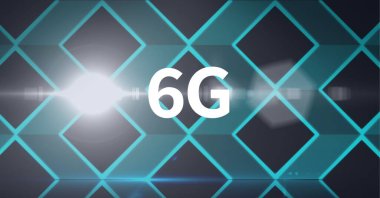 Parlayan mavi elmaslardan oluşan ağ üzerinden 6G metin kompozisyonu. küresel ağlar, teknoloji ve dijital arayüz kavramı dijital olarak oluşturulmuş görüntü.
