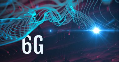 Parlayan mavi ışık yolları ve pembe noktalardan oluşan ışık ağında 6G metin kompozisyonu. küresel ağlar, teknoloji ve dijital arayüz kavramı dijital olarak oluşturulmuş görüntü.