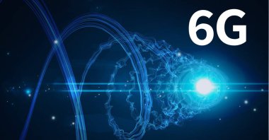Mavi arkaplanda parlayan mavi ışık izlerinin üzerinde 6G metin kompozisyonu. küresel ağlar, teknoloji ve dijital arayüz kavramı dijital olarak oluşturulmuş görüntü.