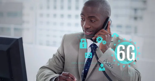 Composition Text Icons African American Businessman Talking Phone Office Global — Stock Photo, Image