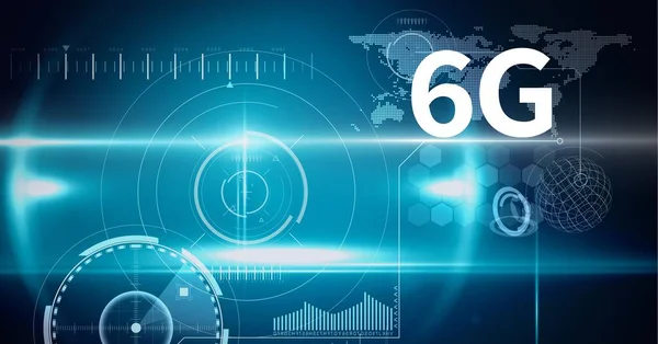 青い背景にスキャンと世界地図上の6グラムのテキストの構成 世界的なネットワーク技術とデジタルインターフェースの概念はデジタルで生成された画像 — ストック写真