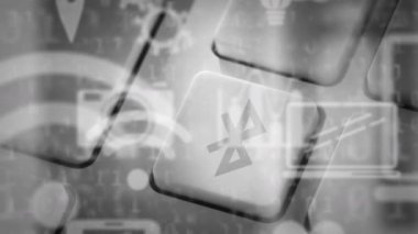 Gri arkaplandaki bilgisayar klavyesinde dijital çevrimiçi simgelerin canlandırılması. küresel teknoloji, ağ oluşturma ve dijital arayüz kavramı dijital olarak oluşturulmuş video.