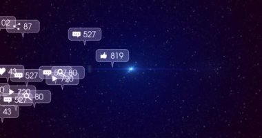 Sosyal medya simgelerinin ve gece gökyüzündeki yıldızların üzerindeki gri afişlerin animasyonu. küresel sosyal medya ağı, dijital arayüz ve dijital olarak üretilen vide konsepti