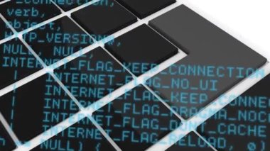Arka planda bilgisayar siyah ve gri tuşları üzerinde veri işleme animasyonu. küresel ağ oluşturma, veri işleme ve dijital arayüz kavramı dijital olarak oluşturulmuş video.