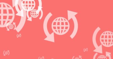 Pembe arka planda hareket eden ok simgeleriyle çevrimiçi beyaz kürenin animasyonu. küresel ağ, teknoloji ve dijital arayüz kavramı dijital olarak oluşturulmuş video.