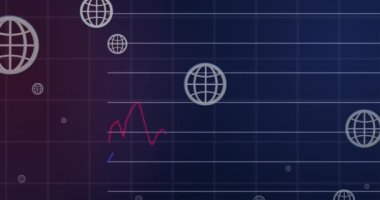 Mavi arkaplan istatistiklerinin üzerinde hareket eden çevrimiçi beyaz küre simgelerinin animasyonu. küresel ağ, teknoloji ve dijital arayüz kavramı dijital olarak oluşturulmuş video.