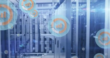 Bilgisayar sunucuları üzerinde istatistik ve veri işleme animasyonu. küresel teknoloji, bağlantılar ağı ve dijital arayüz konsepti dijital olarak oluşturulmuş video.