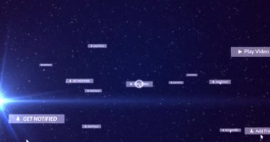 Sosyal medya simgeleri üzerine imleç animasyonları ve gece gökyüzünde çok renkli afişler üzerine yazılar. küresel sosyal medya ağı, dijital arayüz ve teknoloji konsepti dijital olarak oluşturulmuş video.