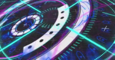 Siyah arka planda parlayan neon yuvarlak tarayıcının dijital animasyonu. bilgisayar arayüzü ve teknoloji kavramı