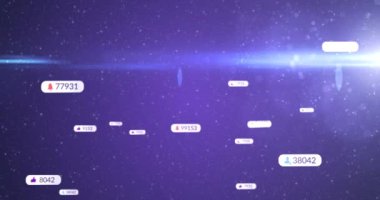 Sosyal medya simgeleri üzerinde imleç animasyonları ve beyaz afişler üzerinde rakamlar ve mor gökyüzündeki yıldızlar. 