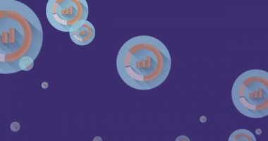 Mor arkaplanda uçuşan turuncu dijital istatistik simgelerinin animasyonu. küresel ağ, teknoloji ve dijital arayüz kavramı dijital olarak oluşturulmuş video.