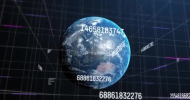 Evrende değişen sayıların animasyonu mavi arka plandaki ızgara üzerinde. küresel teknoloji ve dijital arayüz kavramı dijital olarak oluşturulmuş video.