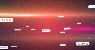 Sosyal medya simgeleri üzerinde imleçlerin canlandırılması ve beyaz pankartlar üzerinde numaralar ve gece kızıl gökyüzünde yıldızlar. 