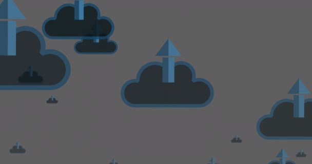 灰色の背景に青い矢印が動く雲のアニメーション 世界規模の技術 接続とデジタルインターフェースの概念のネットワークデジタル生成されたビデオ — ストック動画
