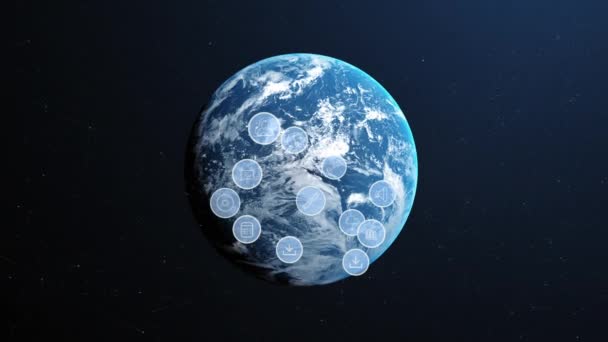 数字图标与蓝色背景下旋转的地球的截图 全球联网和技术概念 — 图库视频影像