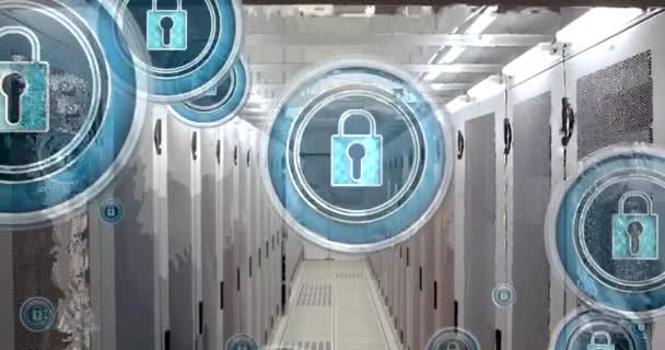 Animación Iconos Candado Seguridad Línea Sobre Servidores Informáticos Tecnología Global — Vídeo de stock