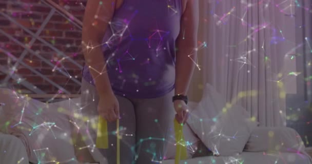 집에서 밴드를 가지고 운동하는 여성에 연줄의 애니메이션 글로벌 스포츠 활동적 — 비디오