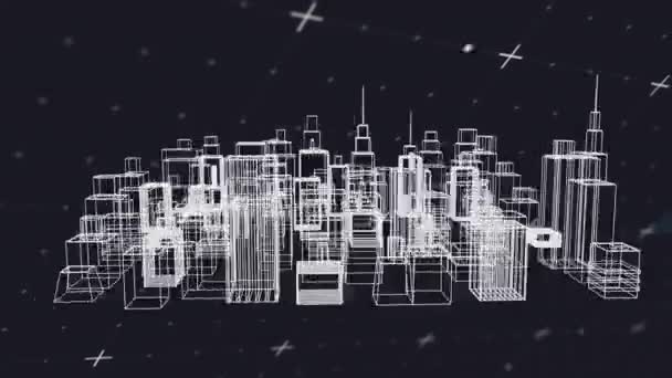 Цифровая Анимация Трёхмерной Городской Модели Вращающейся Чёрном Фоне Белых Частицах — стоковое видео