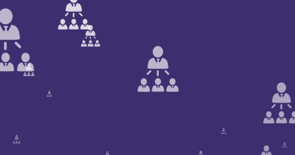 Animación Redes Iconos Blancos Volando Sobre Fondo Púrpura Concepto Red — Vídeo de stock