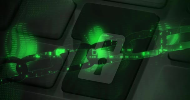 Gloeiende Groene Veiligheidsketting Tegen Close Van Veiligheidshangslotsleutel Cyber Security Technologie — Stockvideo