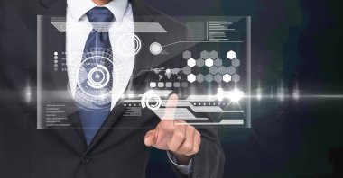 Kafkas iş adamının üzerindeki dijital simgelerin kompozisyonu. küresel iş, finans ve ağ konsepti dijital olarak oluşturulmuş görüntü.