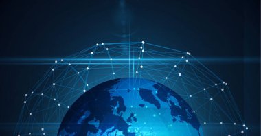 Dijital olarak oluşturulan görüntü, dünya üzerindeki bağlantıların mavi arka plandaki görüntüsüdür. küresel ağ ve teknoloji kavramı