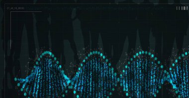 Yeşil arkaplandaki siluetler üzerinde DNA ipliği ve veri işleme bileşimi. küresel genetik, tıp ve bilim konsepti dijital olarak oluşturulmuş görüntü.