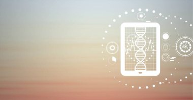 Gradyan arkaplan üzerinde kopyalama alanı olan tablet ve simge ağının bileşimi. küresel bilim, tıp ve araştırma konsepti dijital olarak oluşturulmuş görüntü.