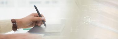Grafik tableti, teknoloji ve kurumsal kavramları kullanan bir kadının dijital ekranı. dijital olarak oluşturulmuş resim