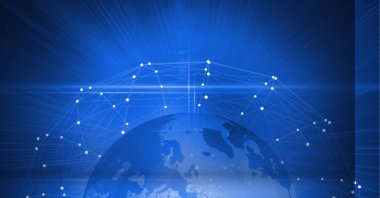 Dijital olarak oluşturulan görüntü, dünya üzerindeki bağlantıların mavi arka plandaki görüntüsüdür. küresel ağ ve teknoloji kavramı