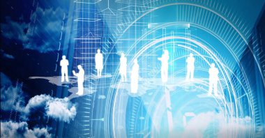 Bilgisayar sunucuları üzerinde tarama yapan insan simgeleri ve kapsam ağının bileşimi. küresel ağ, teknoloji ve veri işleme kavramı dijital olarak oluşturulmuş görüntü.