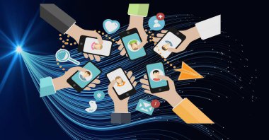 Işık yollarında akıllı telefonları tutan insanların oluşturduğu ağ. küresel ağ, teknoloji ve veri işleme kavramı dijital olarak oluşturulmuş görüntü.