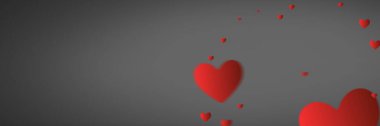 Kırmızı kalplerin kompozisyonu ve gri arkaplan üzerinde kopyalama alanı var. Sevgililer Günü, aşk ve romantizm konsepti dijital olarak oluşturuldu.