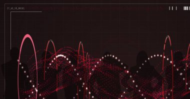 Kahverengi arkaplandaki siluetler üzerinde DNA ipliği ve veri işleme bileşimi. küresel genetik, tıp ve bilim konsepti dijital olarak oluşturulmuş görüntü.