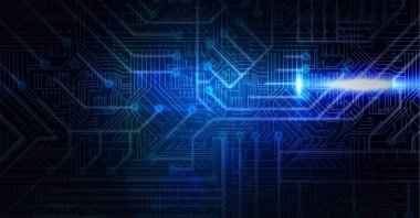 Siyah arkaplana karşı parlayan mavi mikroişlemci bağlantılarının dijital olarak oluşturulmuş görüntüsü. bilgisayar arayüzü ve teknoloji kavramı